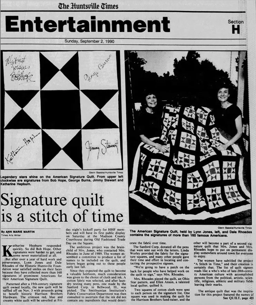 Newspaper article about the American signature quilt at Harrison Brothers Hardware