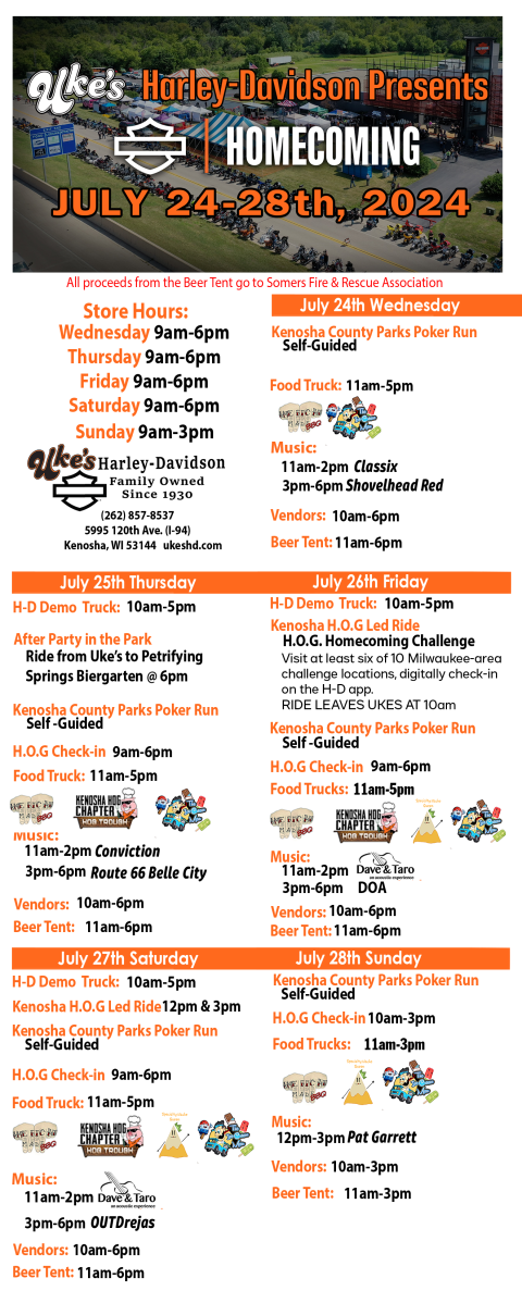 Uke's Harley-Davidson Homecoming July 2024 Schedule