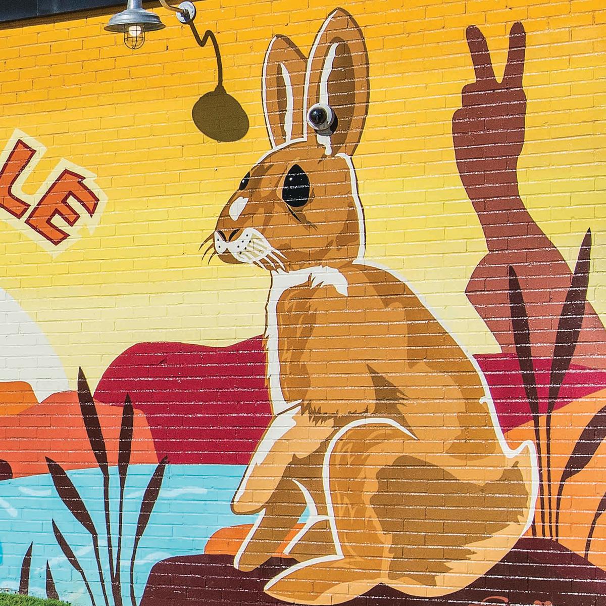 A bunny mural on the side of Rocky's Hot Chicken Shack in Greenville, SC.