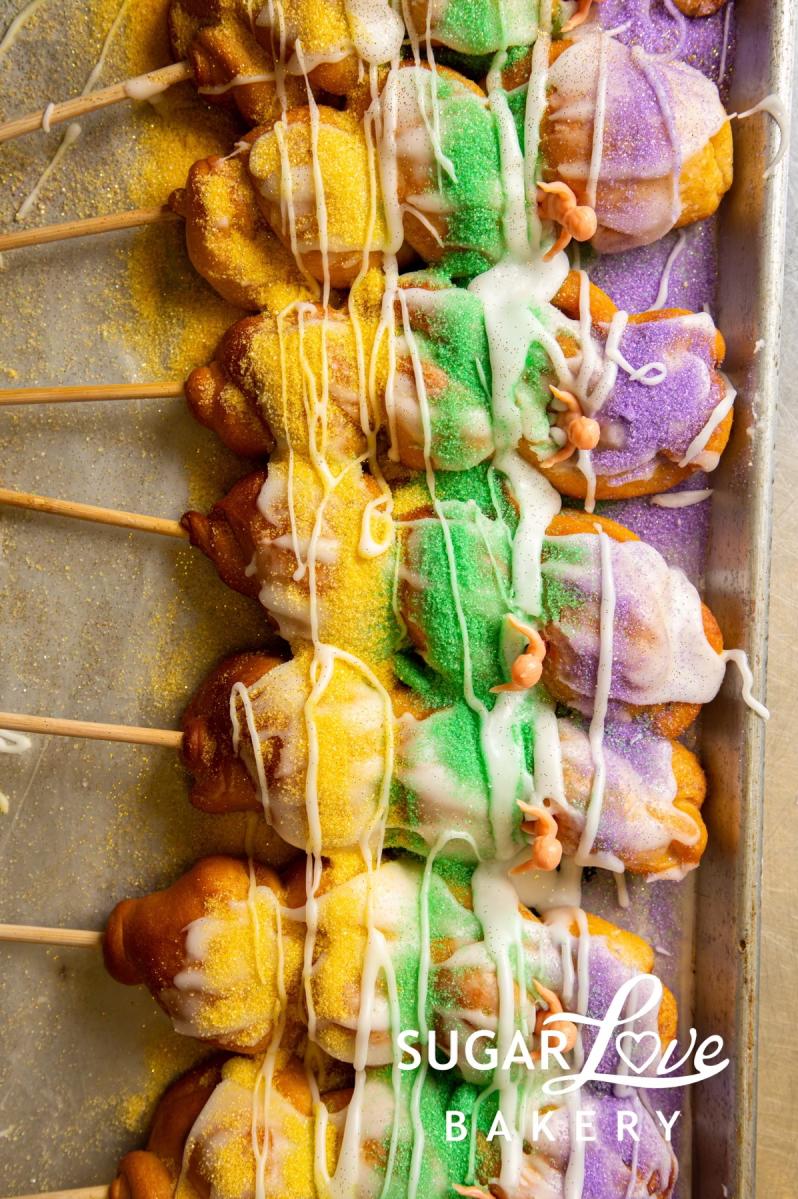 Sugar Love Bakery's King Cake on a Stick is perfect on the parade route.