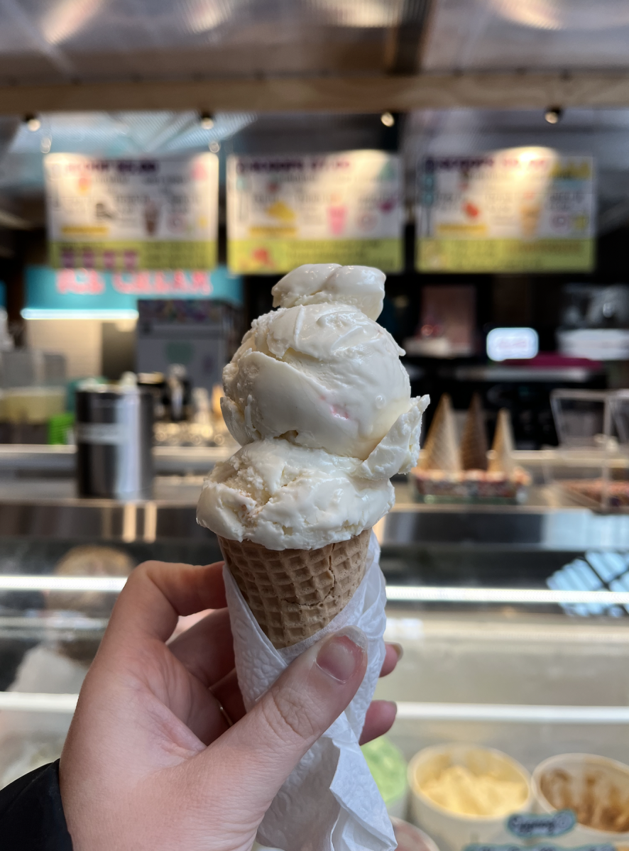 ice cream cone in front of an ice cream case