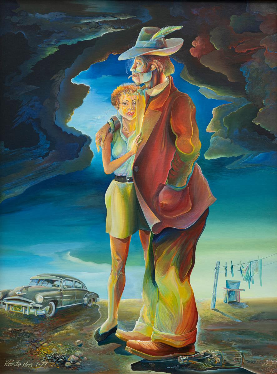 Roberto Rios, Los Amantes (The Lovers), 1977, acrylic on canvas, 50 x 36 inches.