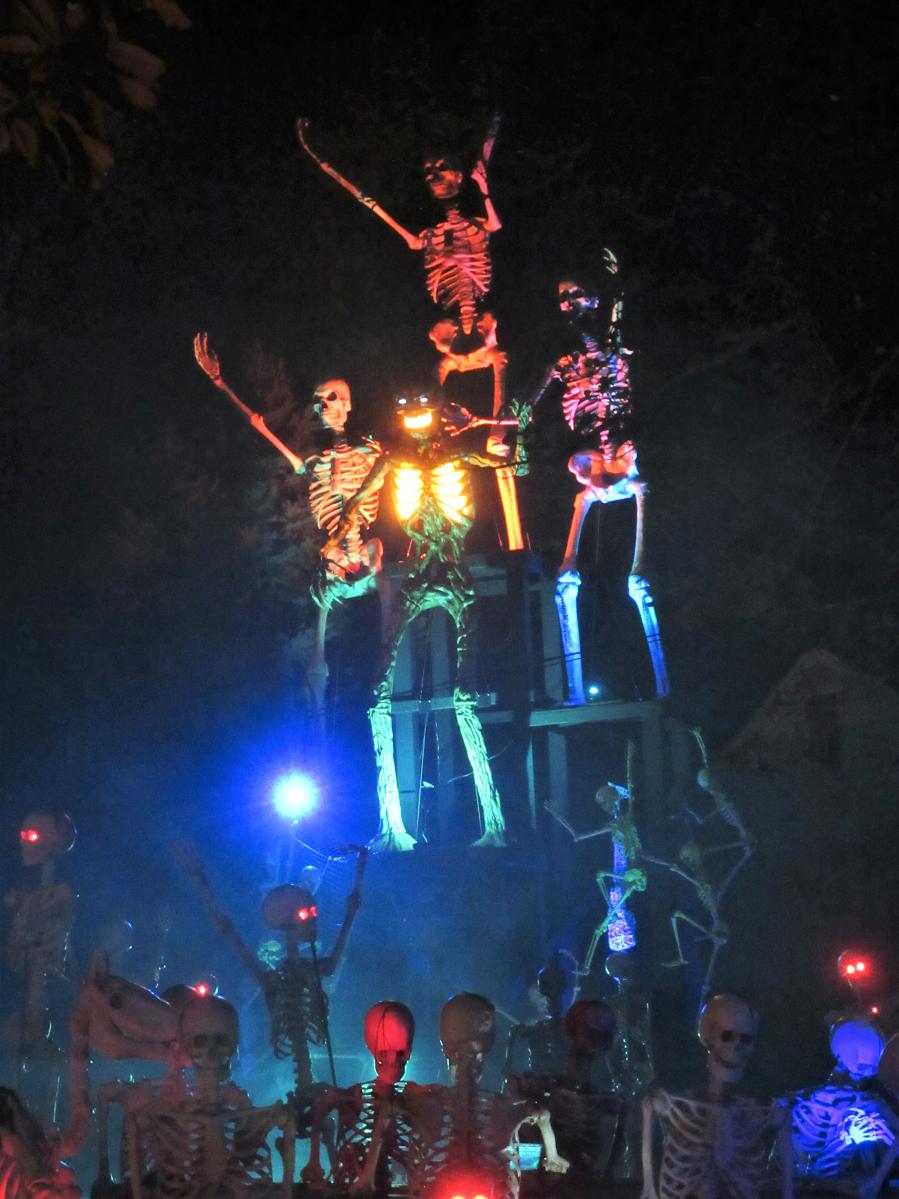 Giant skeletons in a 30-foot display in a yard in Alexandria for Halloween