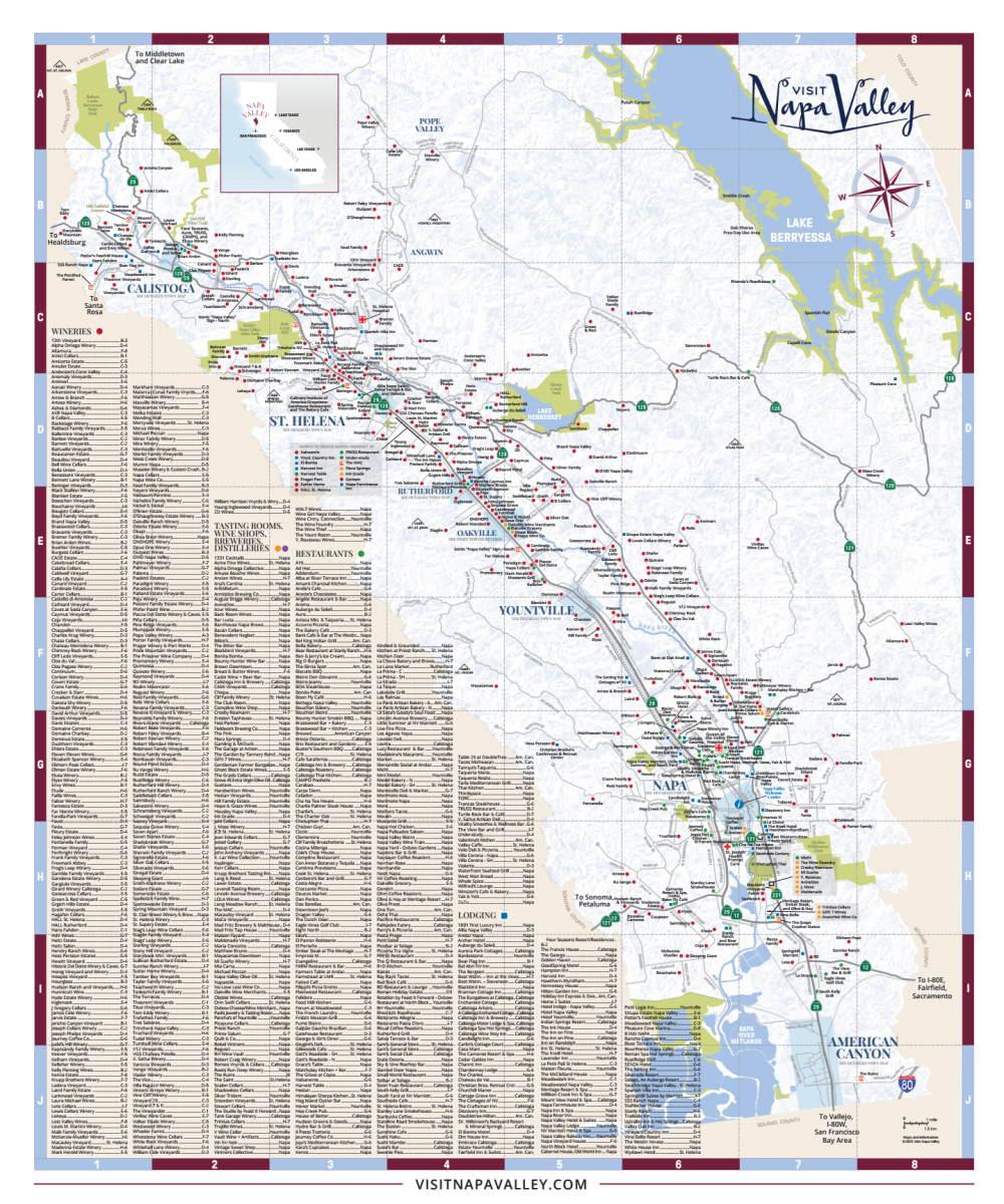 A map of the Napa Valley region and map key