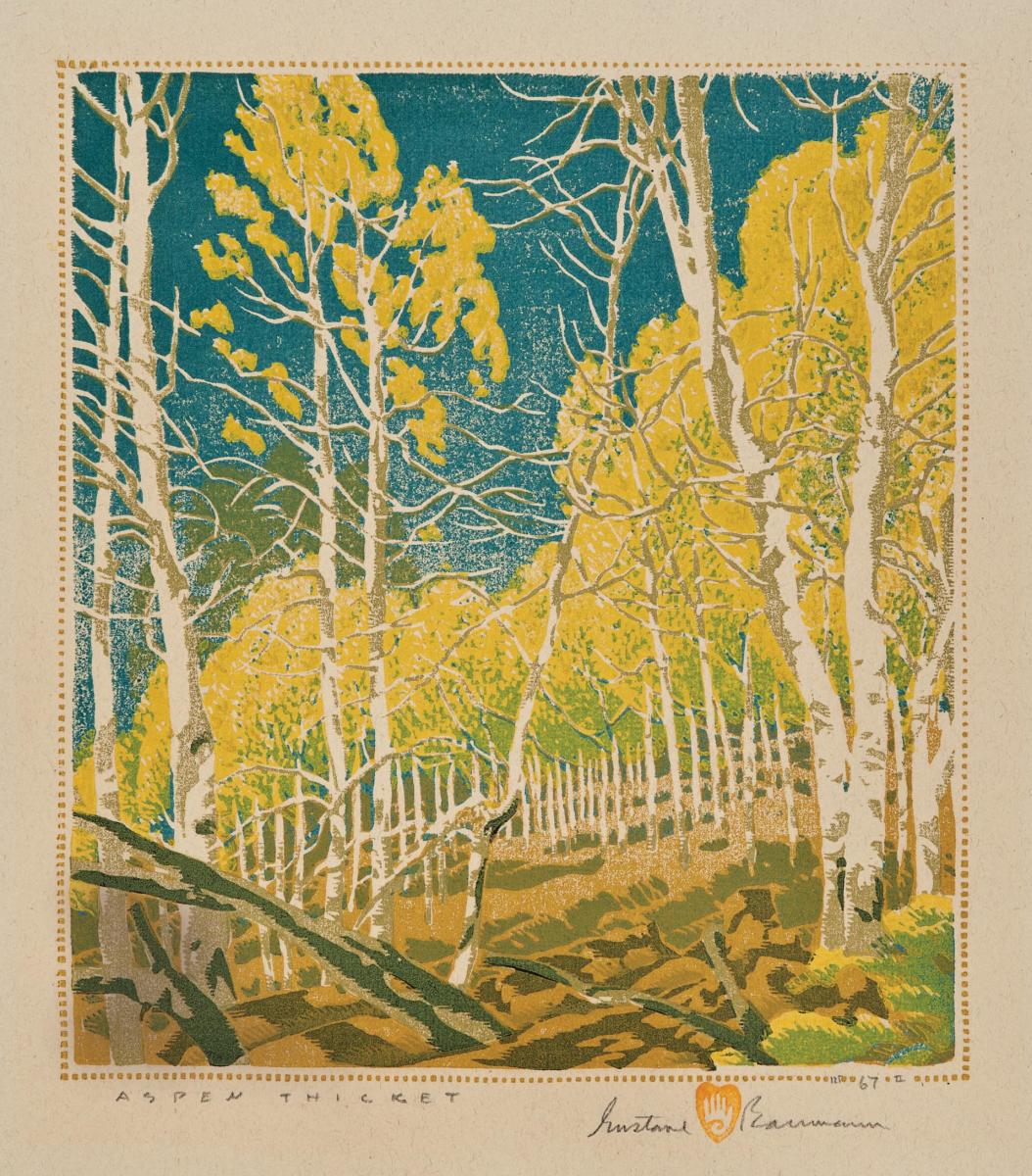 Aspen Thicket, a 1943 color woodcut by Gustave Baumann.