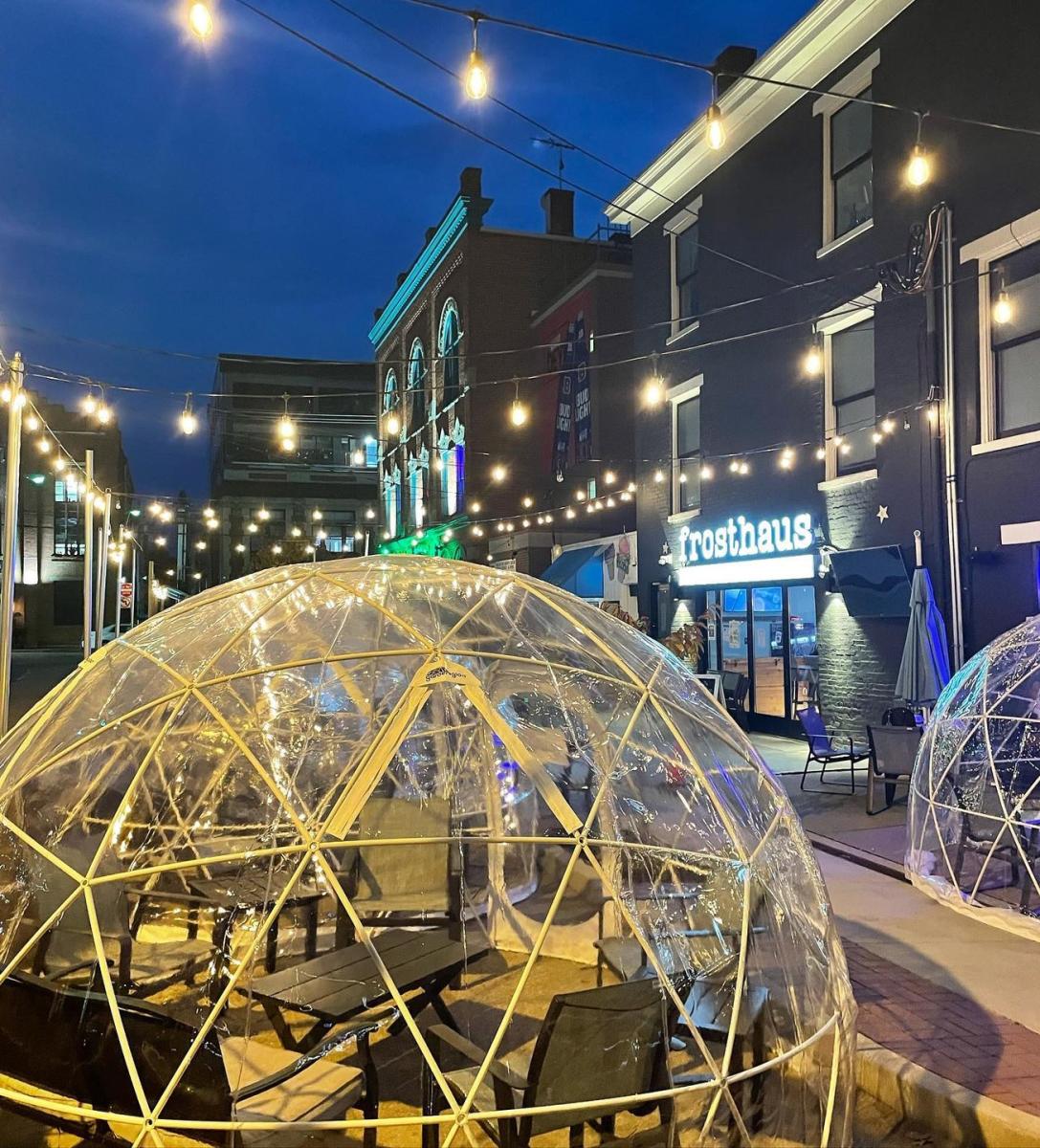 Plastic igloos for outdoor dining at Frosthaus in Covington, Ky