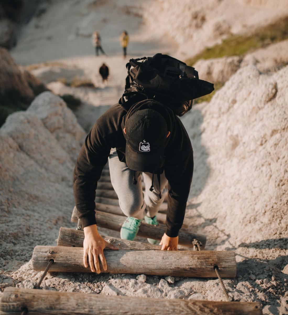 A person in a black cap and hoodie climbs a steep wooden ladder on a rocky hill, conveying determination. Other hikers appear in the blurred background.