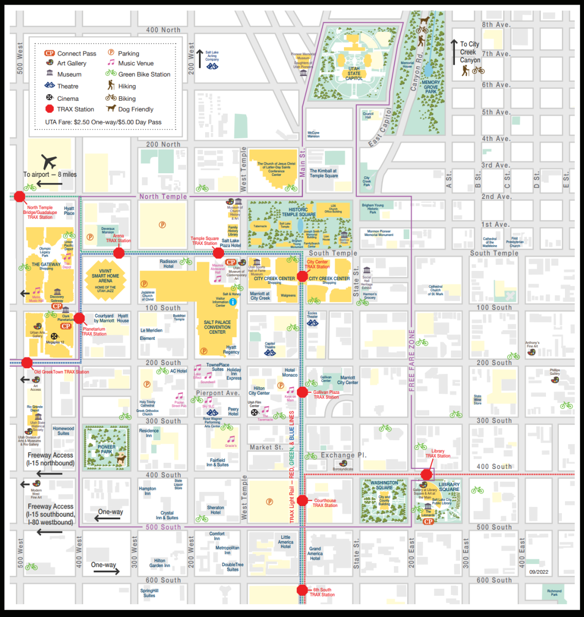 Map of Downtown Salt Lake City showing public transportation and the Salt Palace Convention Center