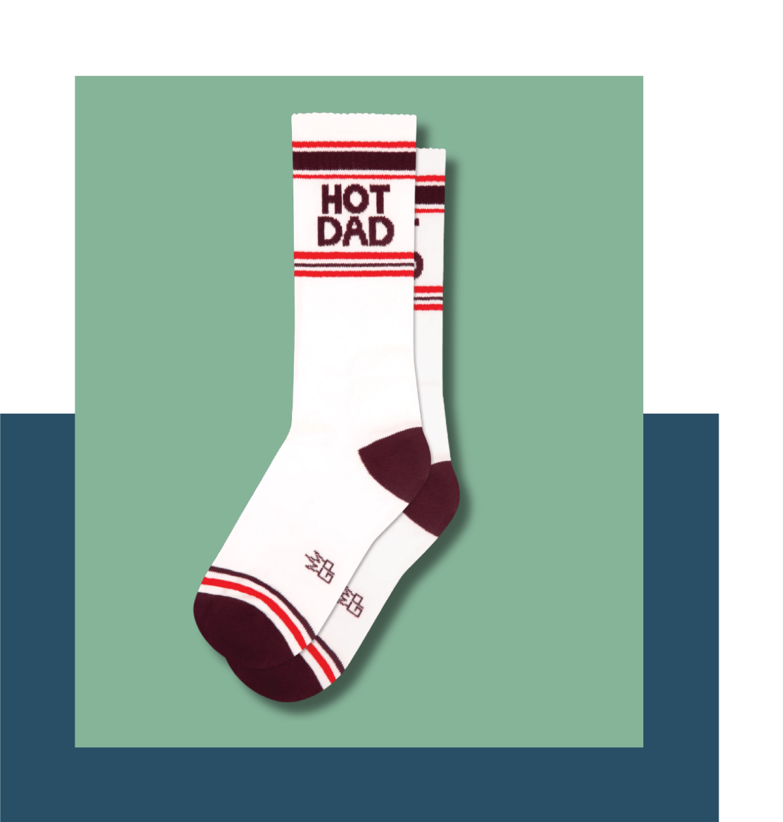 White crew socks with brown and orange stripes and "HOT DAD" on top
