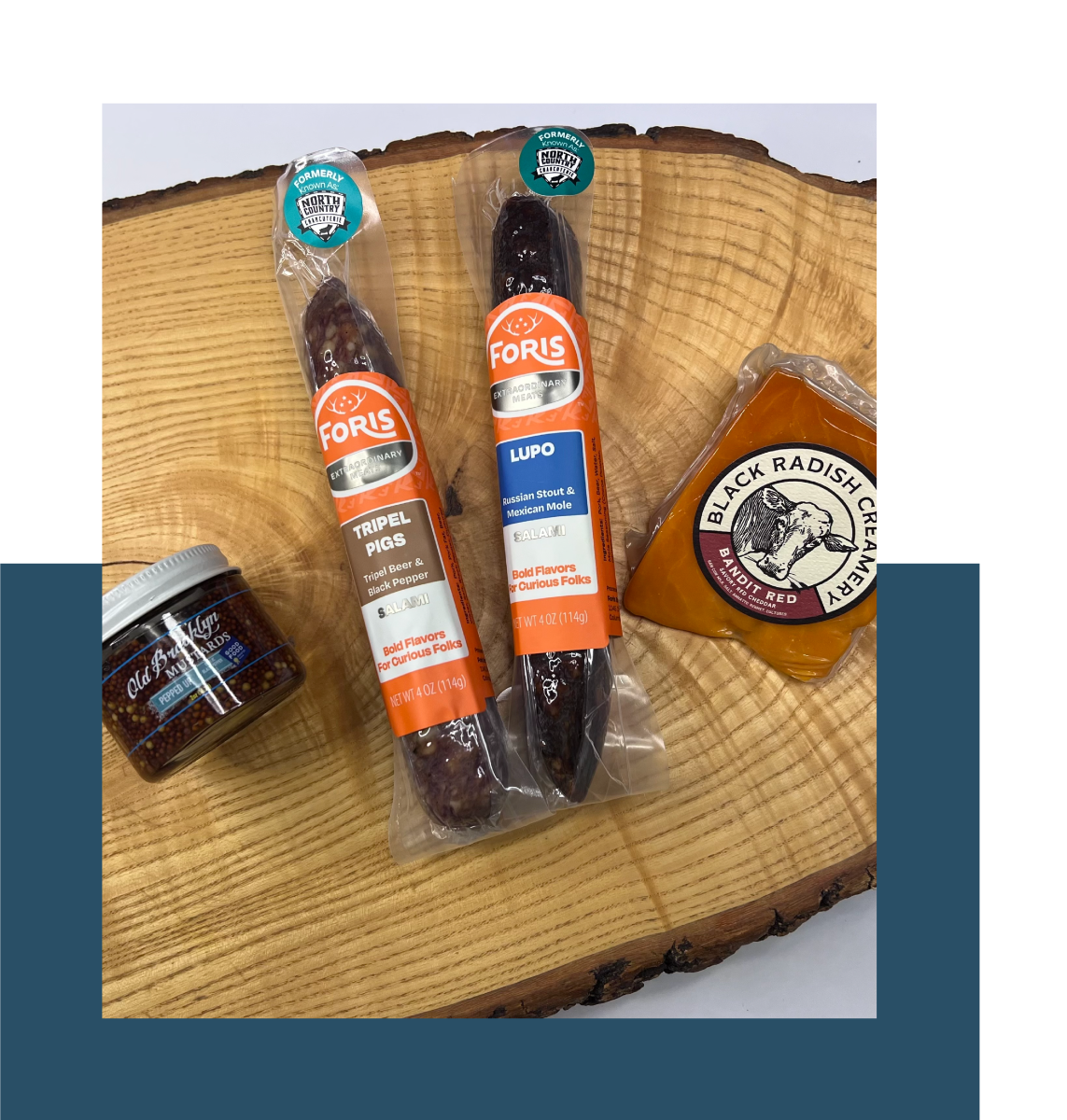 Beer Lover's Charcuterie Kit featuring two salamis—each flavored with an Ohio craft beer—a cheese and a mustard.