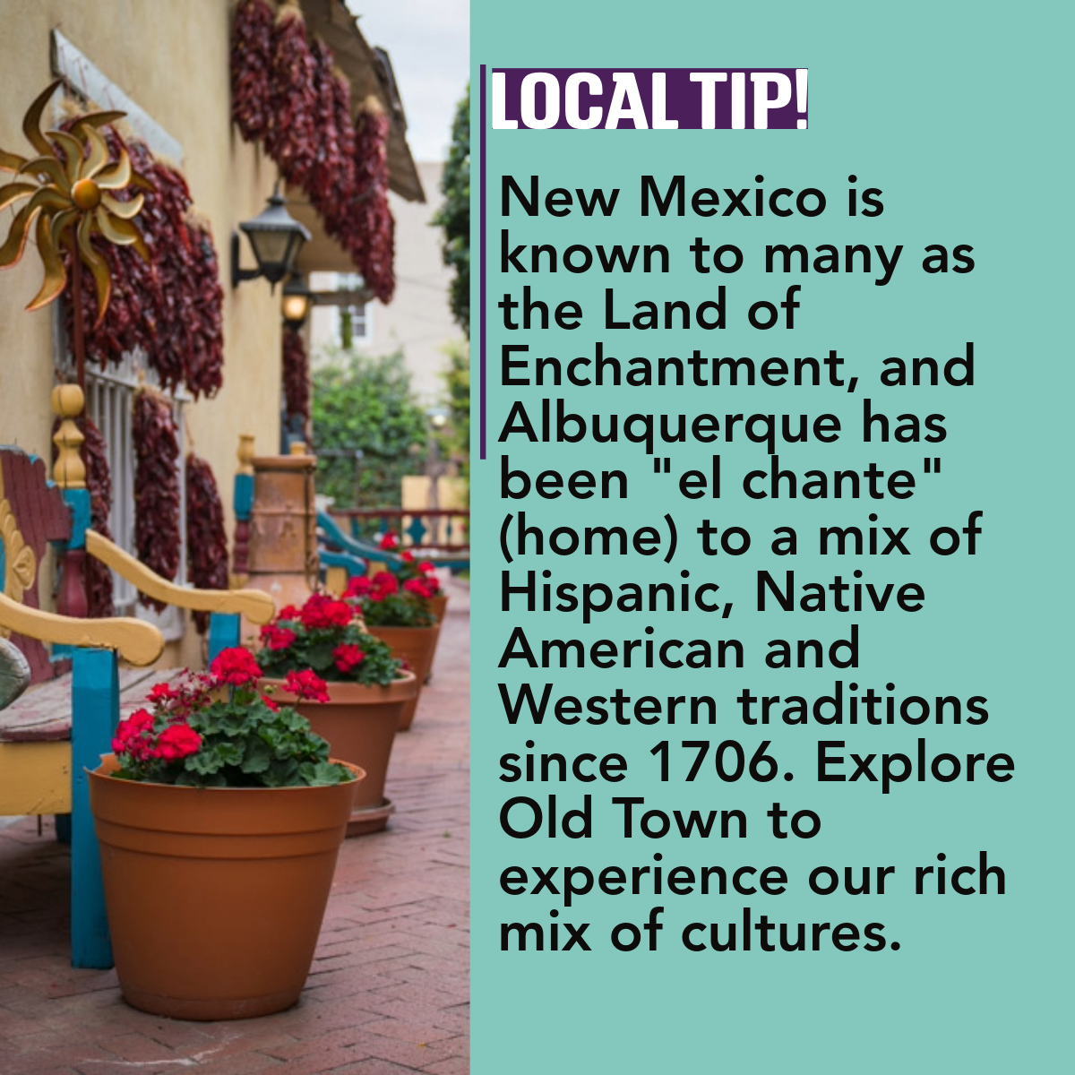 Text over image reading "New Mexico is known to many as the Land of Enchantment, and Albuquerque has been "el chante" (home) to a mix of Hispanic, Native American and Western traditions since 1706. Explore Old Town to experience our rich mix of cultures. "