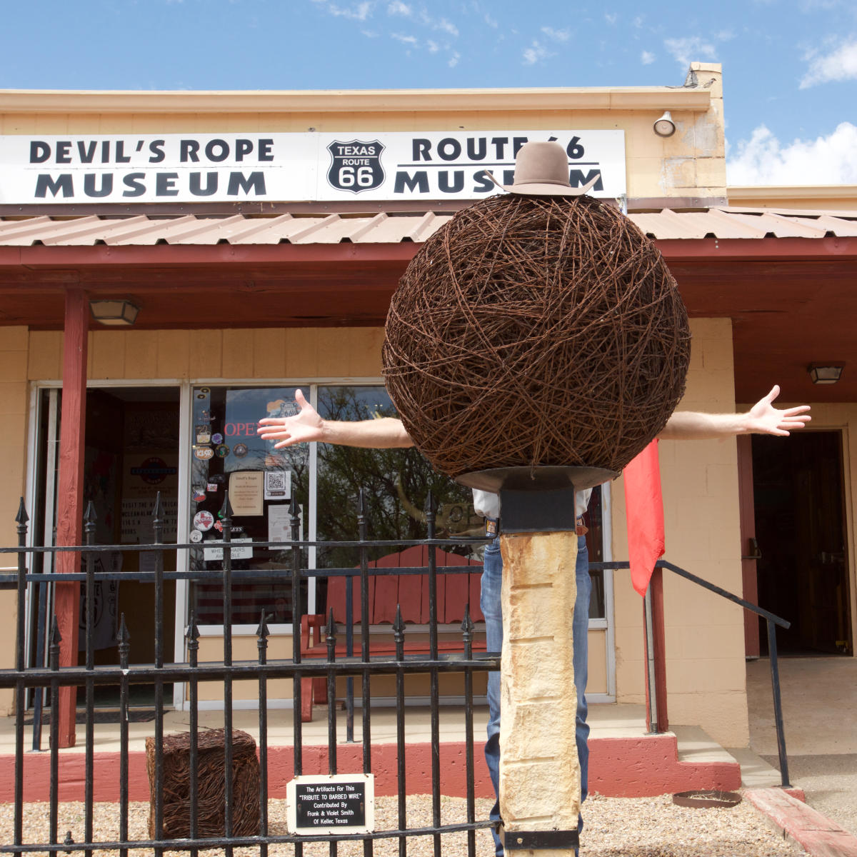 Barbed wire statue in front of the devils rope museum in McLean, Texas