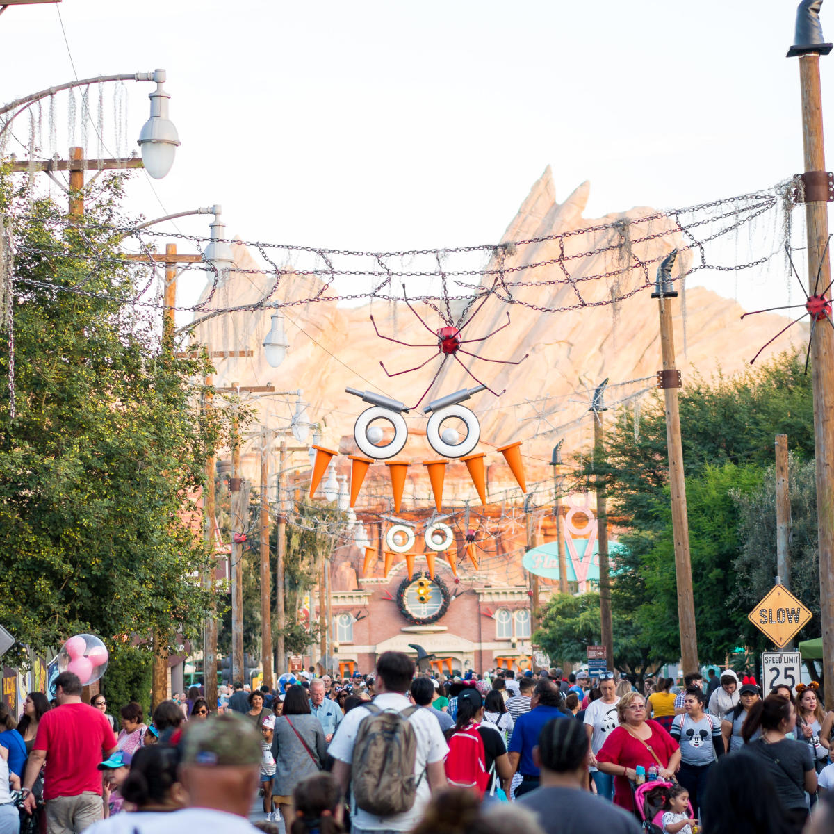 Image of Cars Land at Disney California Adventure decorated for Halloween Time.