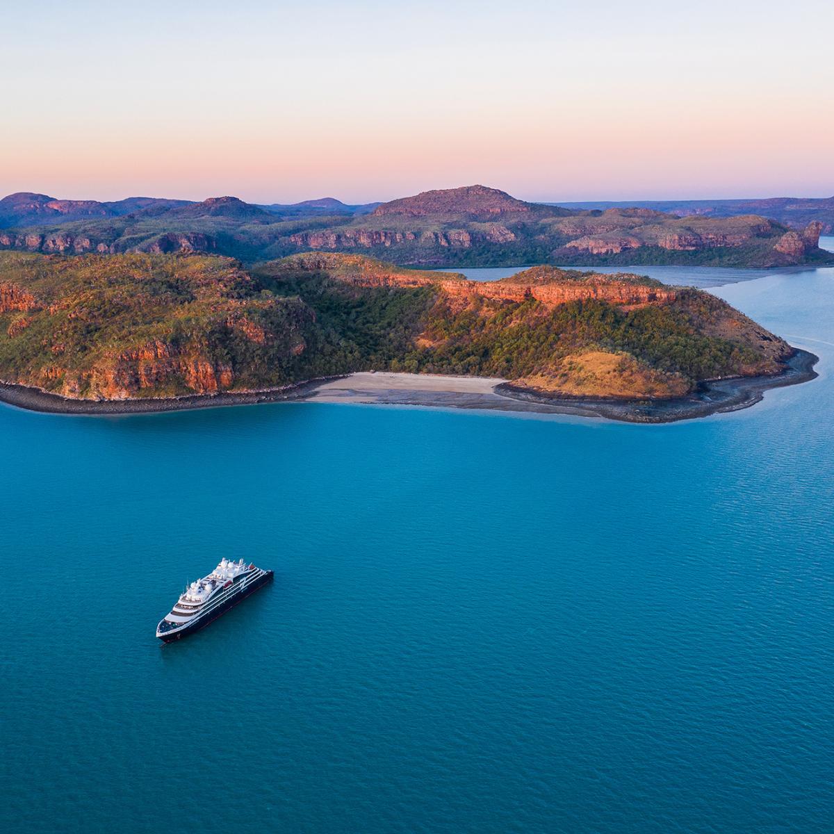 Aerial view of Ponant ship on the Kimberley Coast