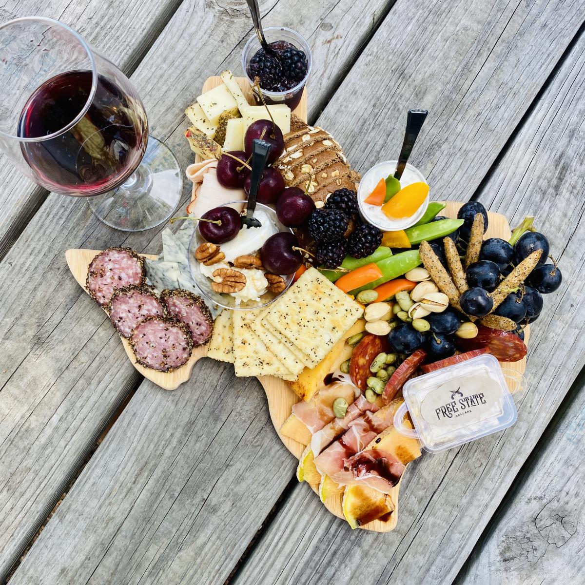 Wine cheese crackers and fruit at Free State Cellars in Beaumont, TX