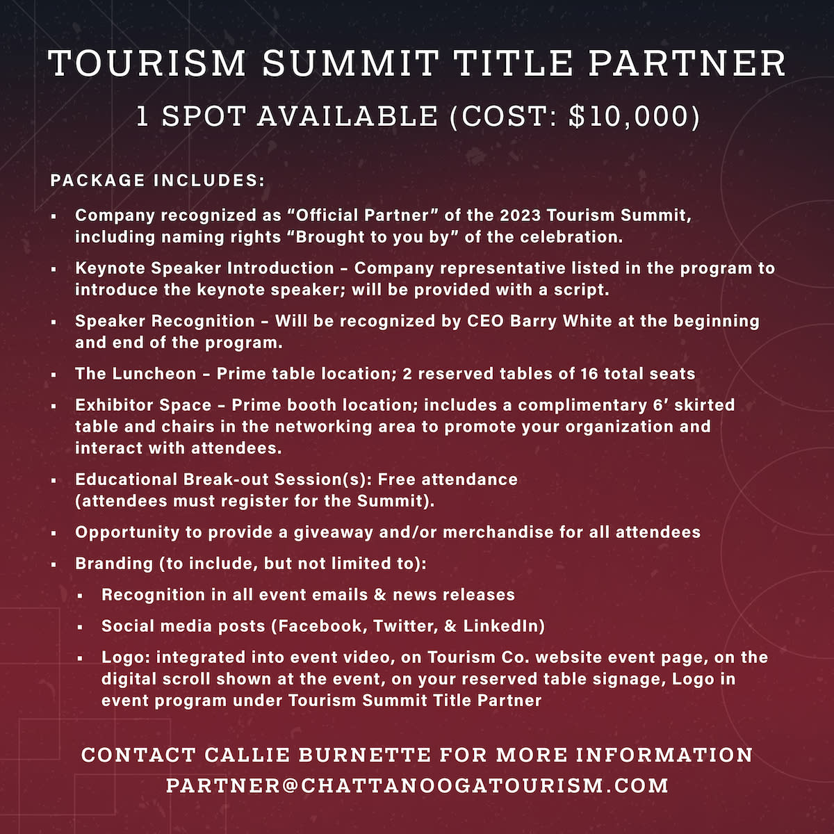 Tourism Summit 2023 Title Partner | 1 spot available | $10,000 | Contact Callie Burnette for more information