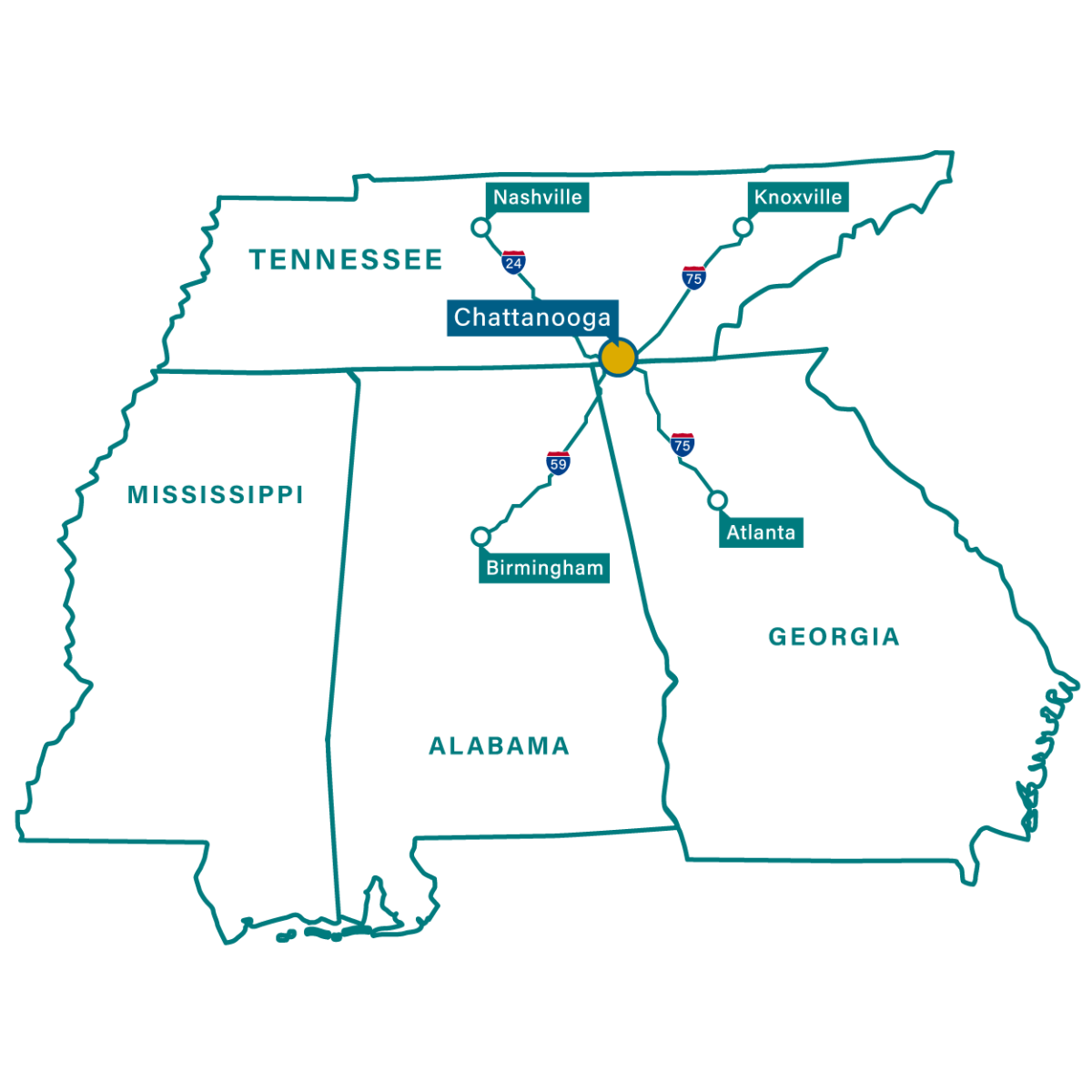 Regional map shows Chattanooga's location compared to Atlanta, Brimingham, Nashville, and Knoxville
