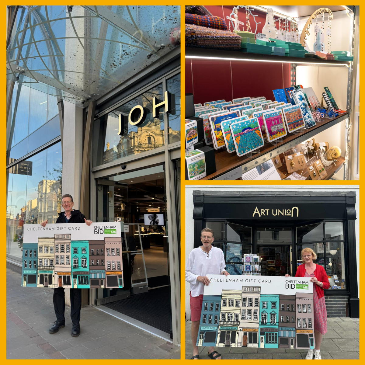 Collage of businesses holding the Cheltenham BID gift card, and gifts sold at Art Union Cheltenham