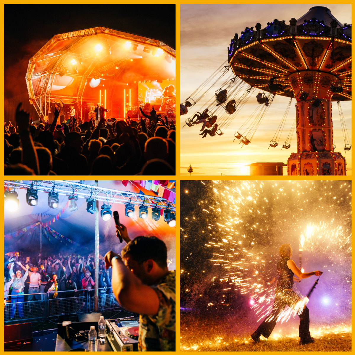 Collage of live performances and entertainment at Wychwood Festival over the years at Cheltenham Racecourse.