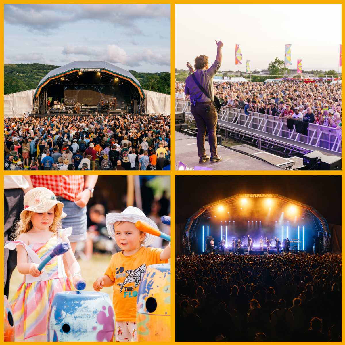 Collage of live performances and entertainment at Wychwood Festival over the years at Cheltenham Racecourse.