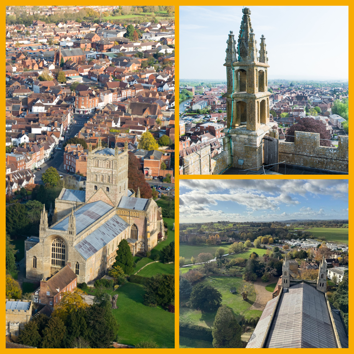 Collage of Tewkesbury Abbey including aerial view and rooftop views.