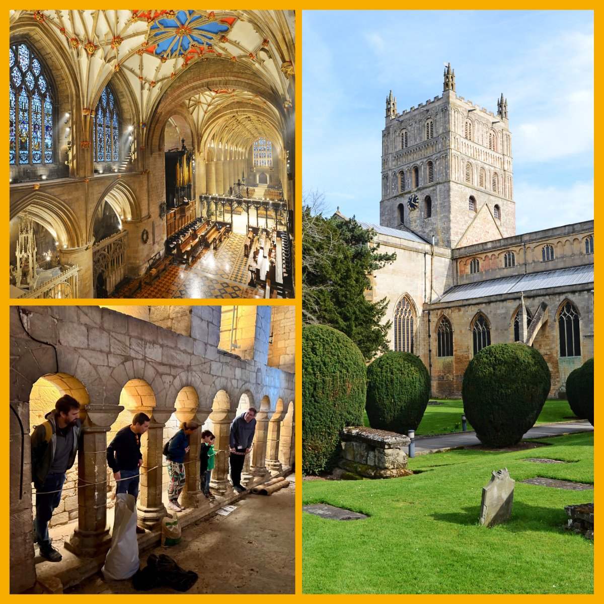 Collage of Tewkesbury Abbey including the interior, tours and exterior.