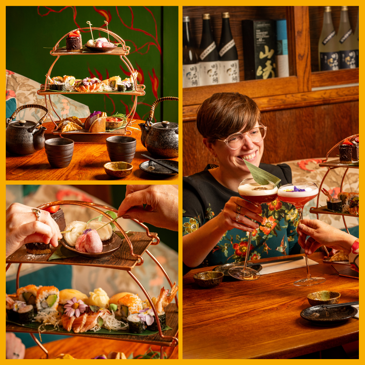 Collage of Japanese inspired afternoon tea at KIBOU