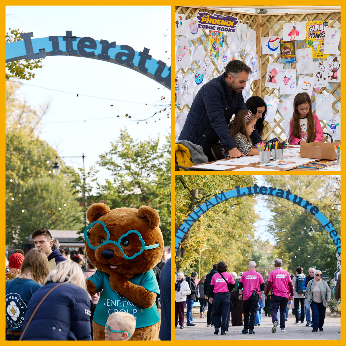Collage of festival attendees at Cheltenham Literature Festival.