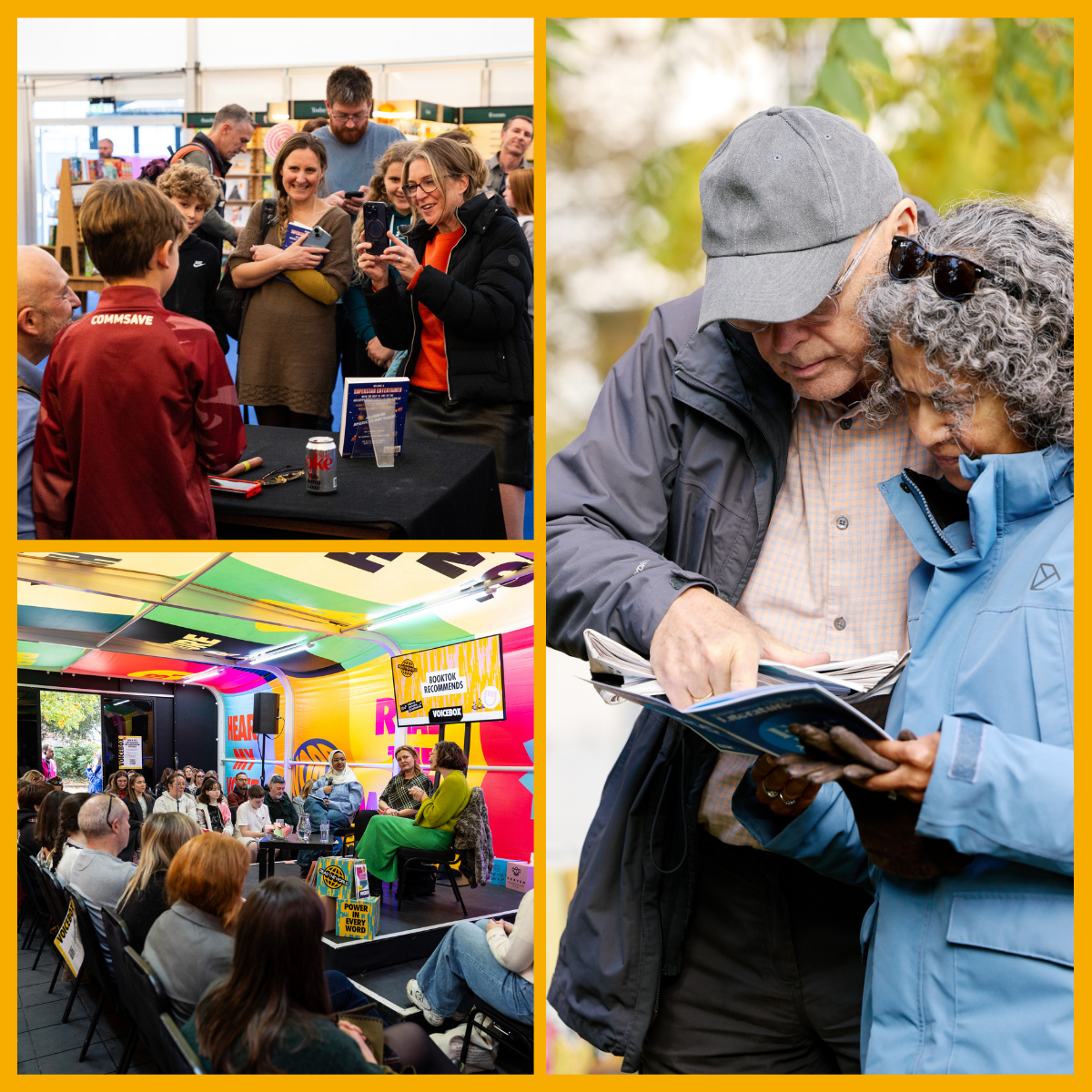 Collage of festival attendees at Cheltenham Literature Festival.