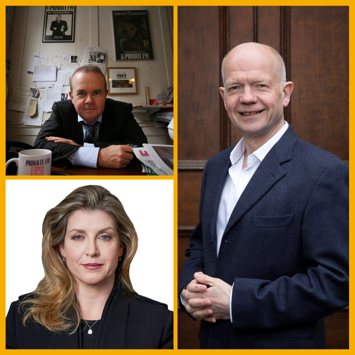 Collage (top left) Ian Hislop, (bottom left) Penny Mordaunt, (right) William Hague