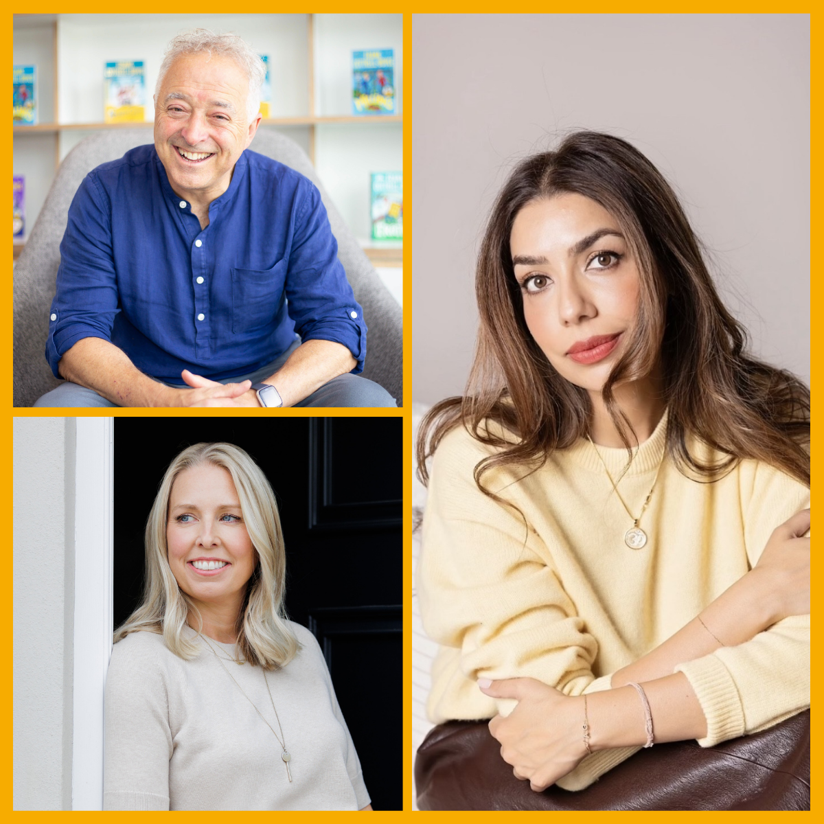 Collage (top left) Frank Cottrell Boyce, (bottom left) Hannah Richell, (right) Deepika Chopra.