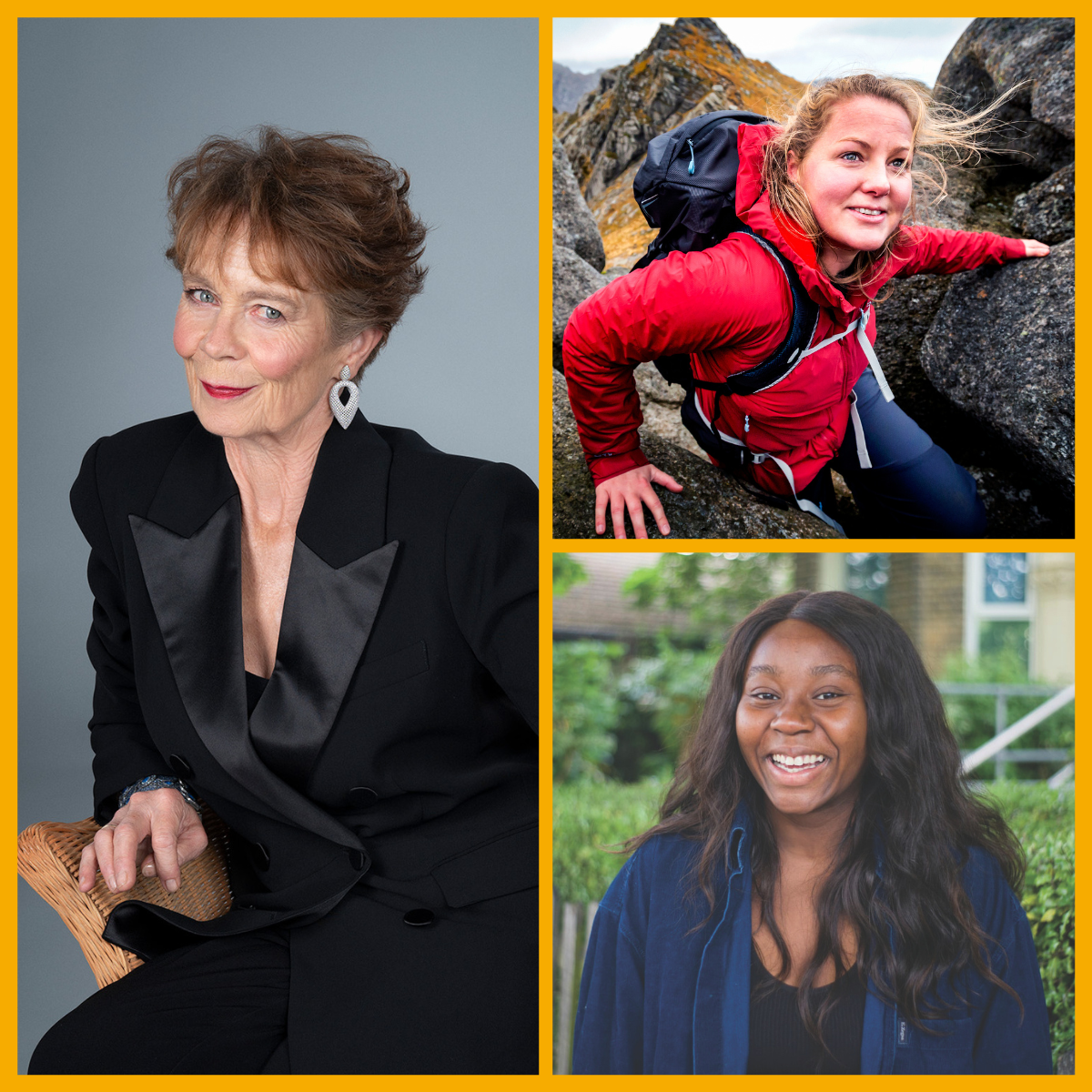 Collage (left) Celia Imrie © Giles Keyte, (top right) Mollie Hughes © Rachel Keenan, (bottom right) Daze Aghaji.