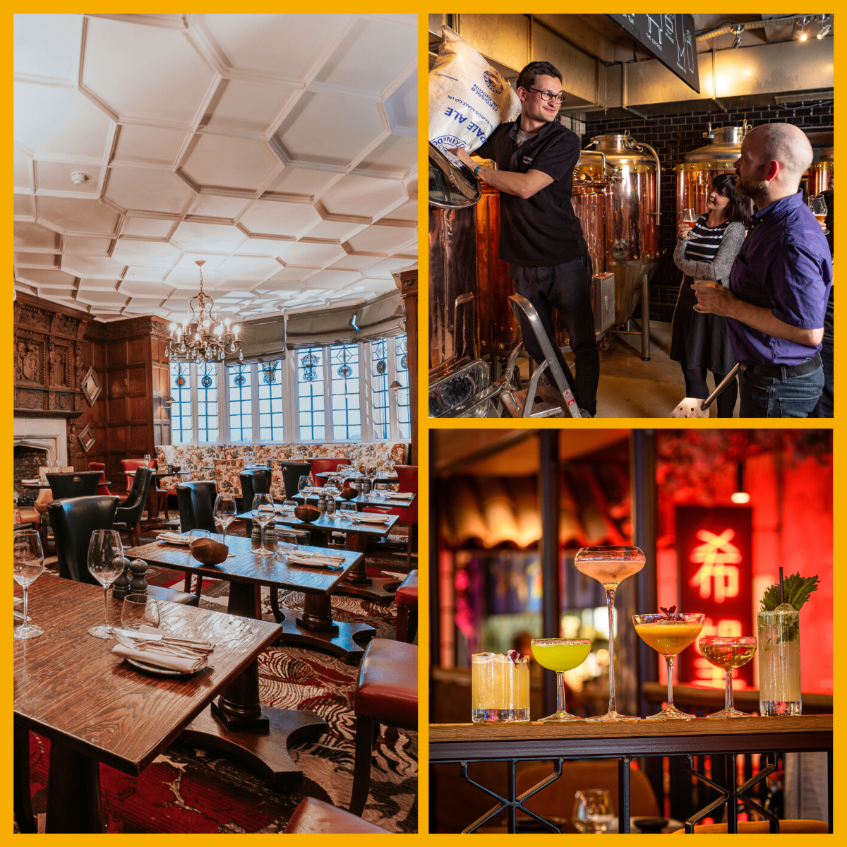 Collage of Ellenborough Park restaurant, Brewhouse & Kitchen masterclasses, cocktails served at KIBOU.