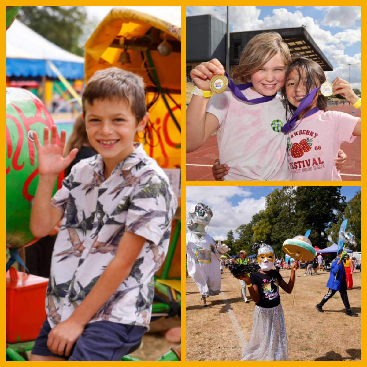 Collage of children having fun at No Child Left Behind's Party in the Park at Pittville Park in Cheltenham.
