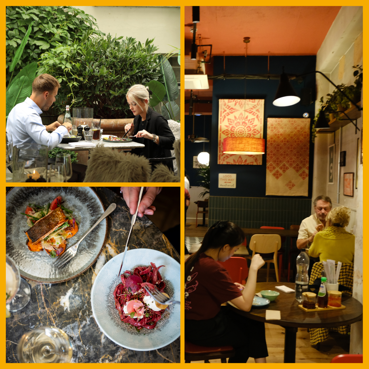 Collage of dining at No. 131 Cheltenham, Settebello Cheltenham, Rosa's Thai Cheltenham.