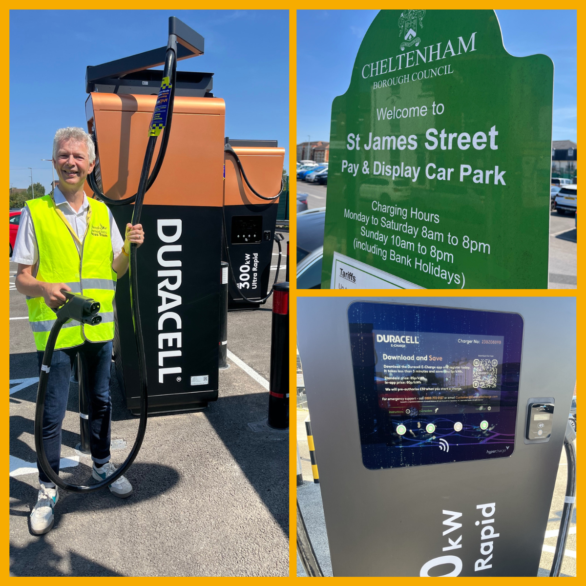 Collage of Cllr Richard Pineger, cabinet member for climate emergency, St James’ St Car Park sign, EV charging unit at St James’ St Car Park.