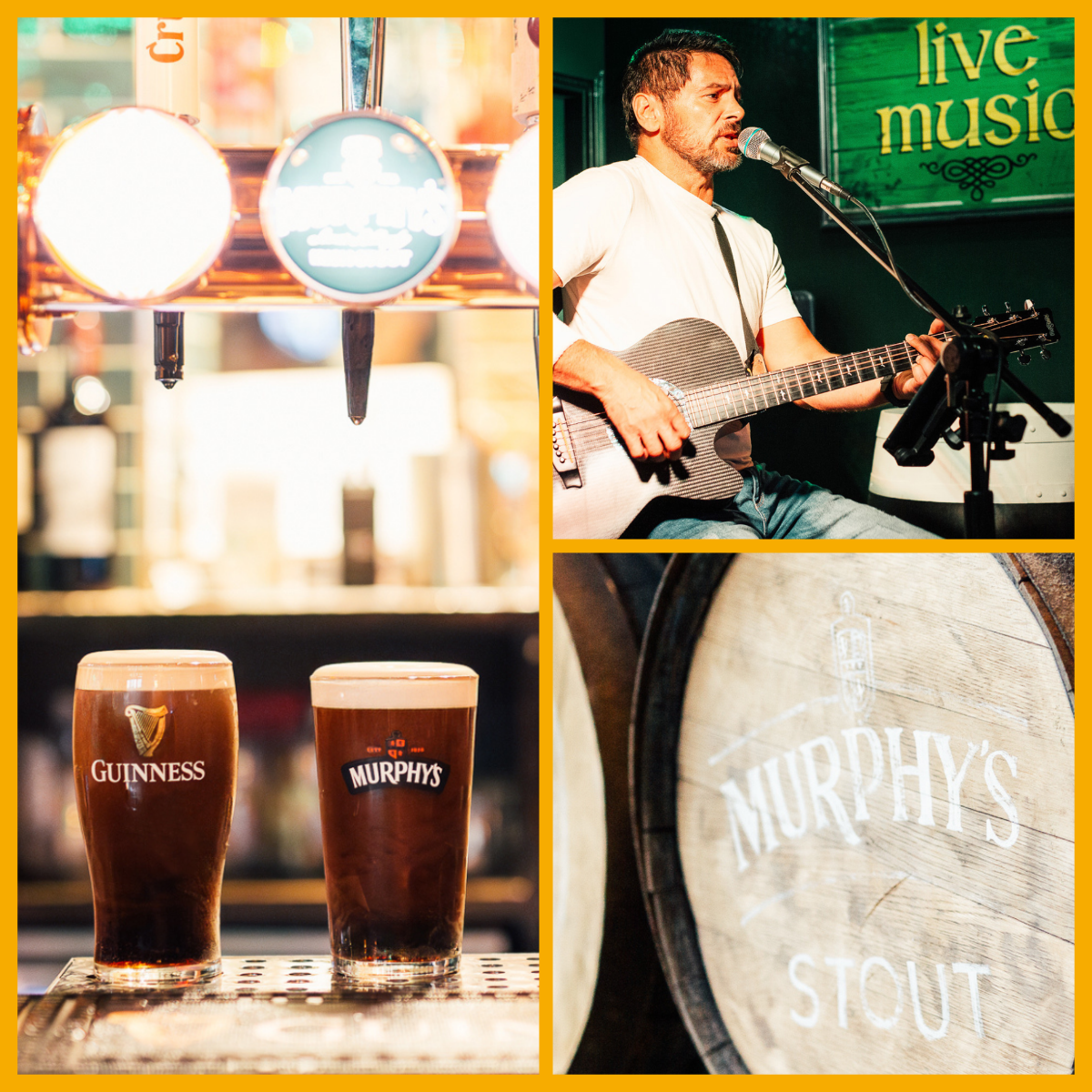 Collage of drinks served at Katie O'Brien's, and live music.
