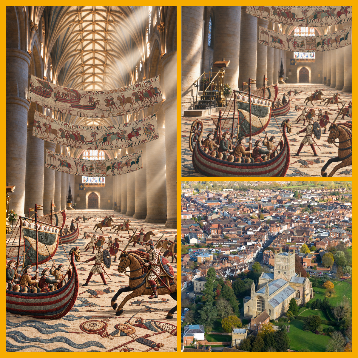 Collage (image left & top right) The Bayeux Tapestry, (image bottom right) Tewkesbury Abbey photographed by Jack Boskett.