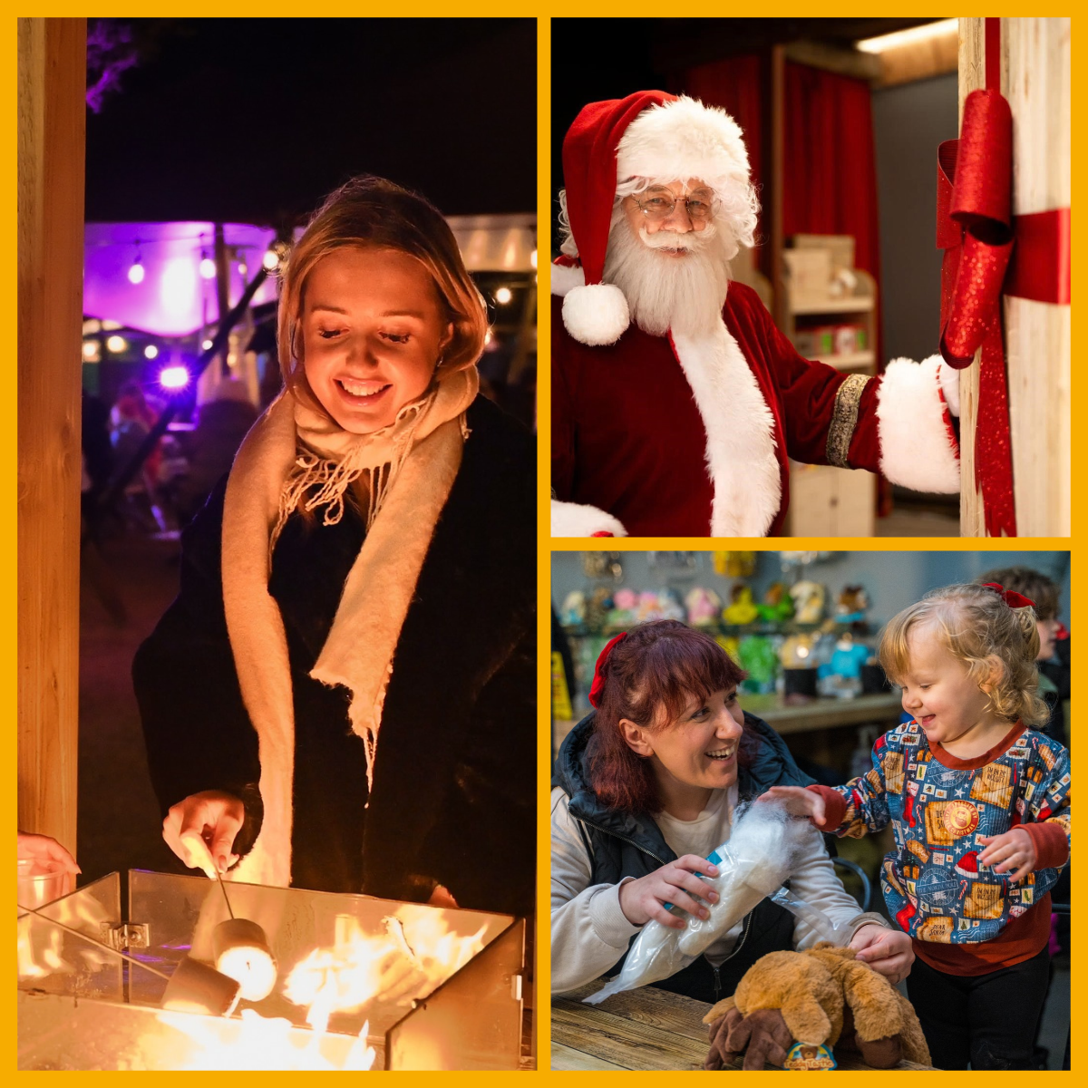 Collage of festive activities at Cotswold Farm Park's Christmas on the Farm event, including toasting marshmallows, Santa, teddy bear workshop