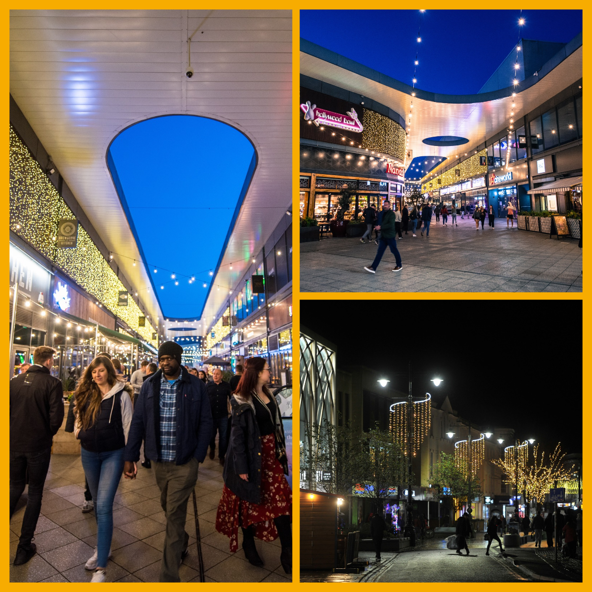 Collage of The Brewery Quarter and Cheltenham High Street at night.