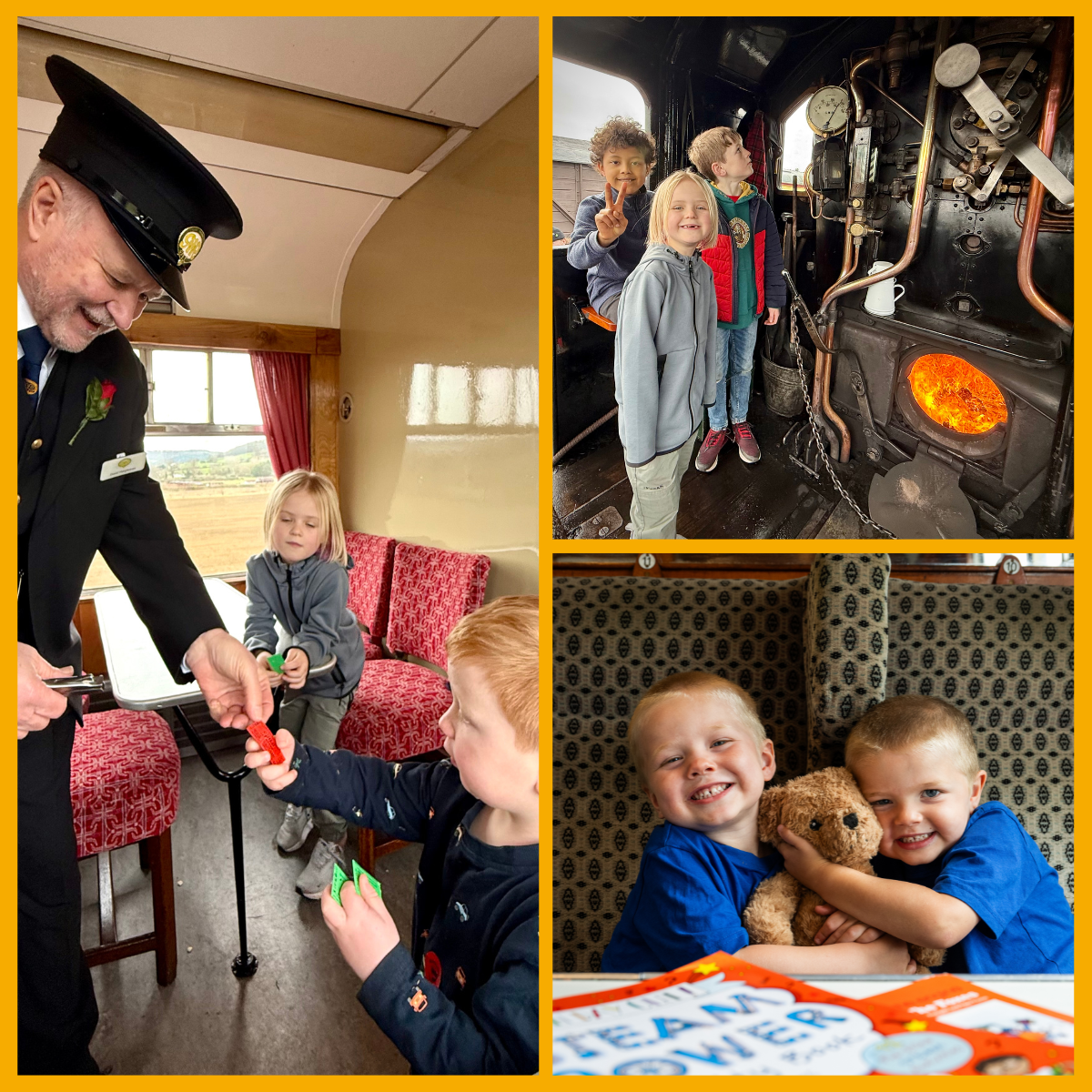Collage of children enjoying a steam train ride at Gloucestershire Warwickshire Steam Railway.