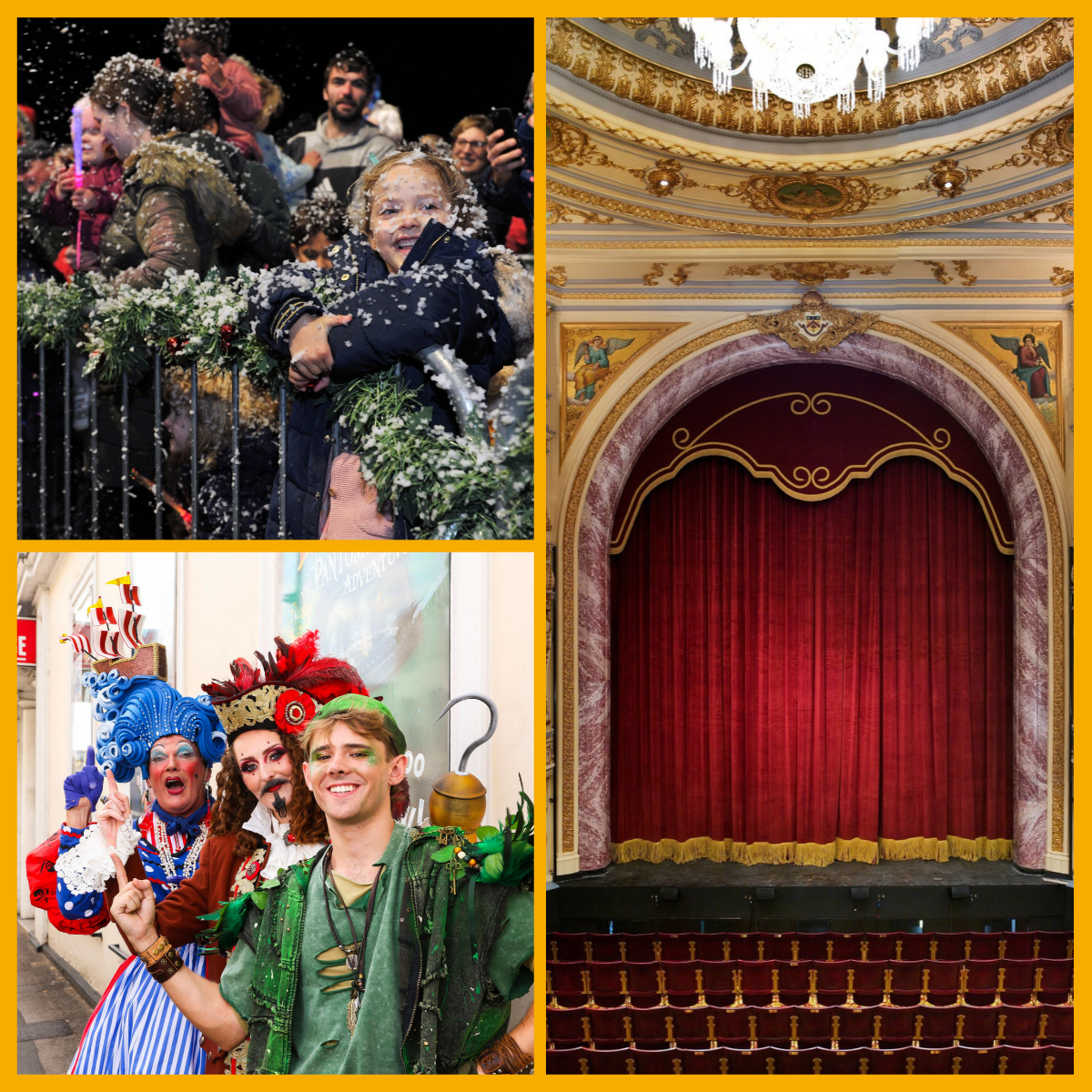 Collage of children at The Brewery Quarter's Christmas launch, the cast of Peter Pan outside Cheltenham Playhouse, The Everyman Theatre stage