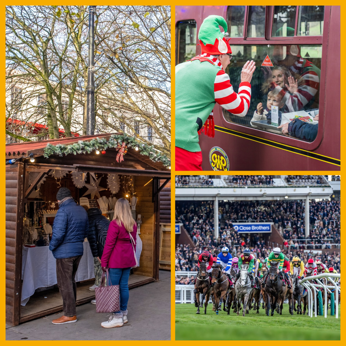 Collage of Christmas markets on The Promenade, Cheltenham, Christmas elf at GWSR, horse racing at Cheltenham Racecourse - image by Jockey Club & Cheltenham Racecourse