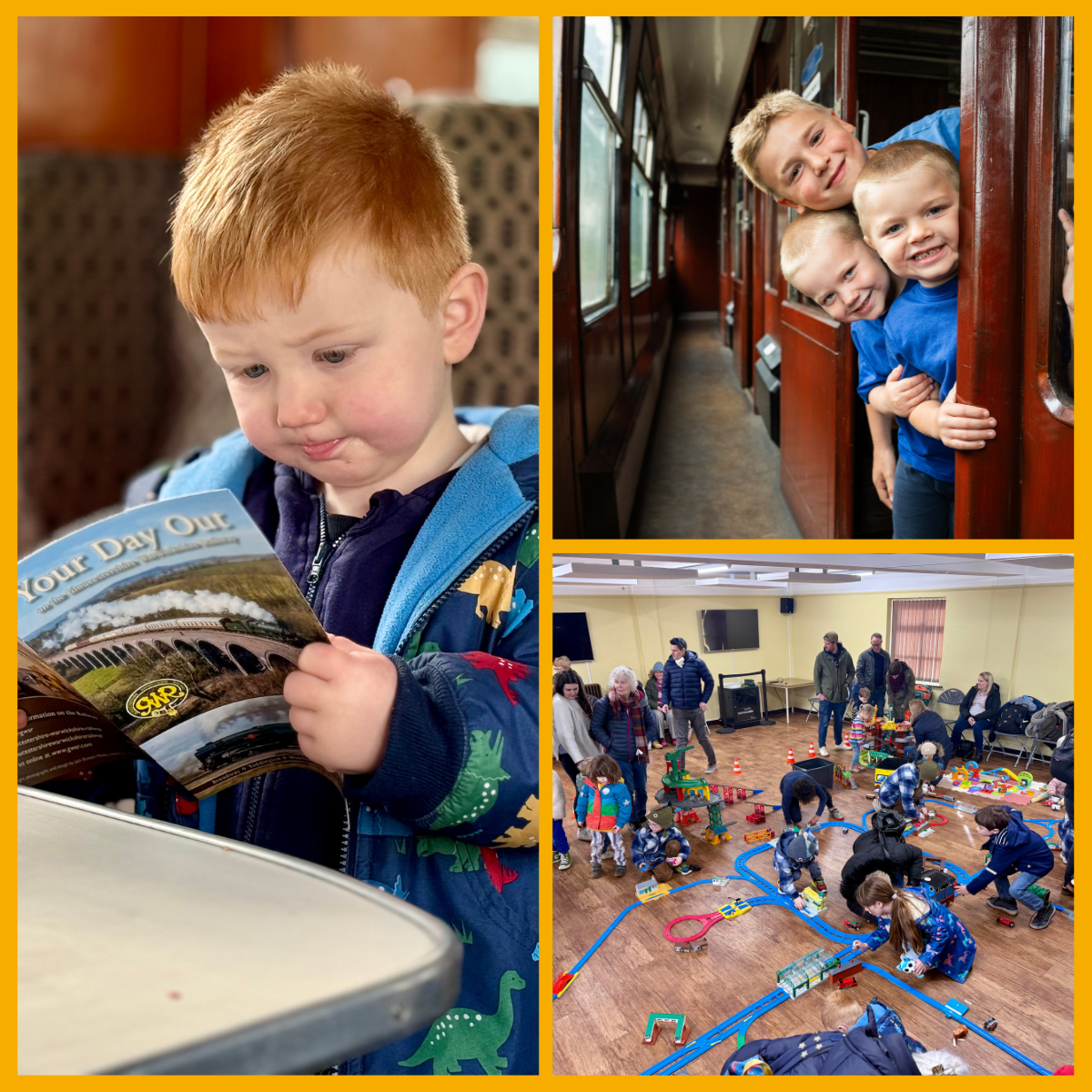 Collage of children enjoying a steam train ride at Gloucestershire Warwickshire Steam Railway.