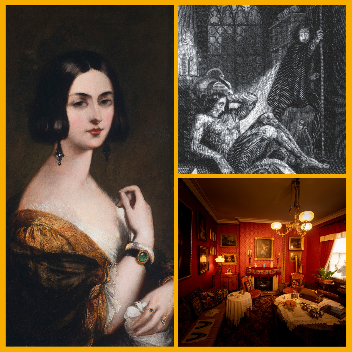 Collage (left) Spanish Lady © Private Collection. Licensed to Holst Victorian House. No reproduction, distribution or reuse without written permission. (Top right) artwork, (bottom right) Holst Victorian House interior.
