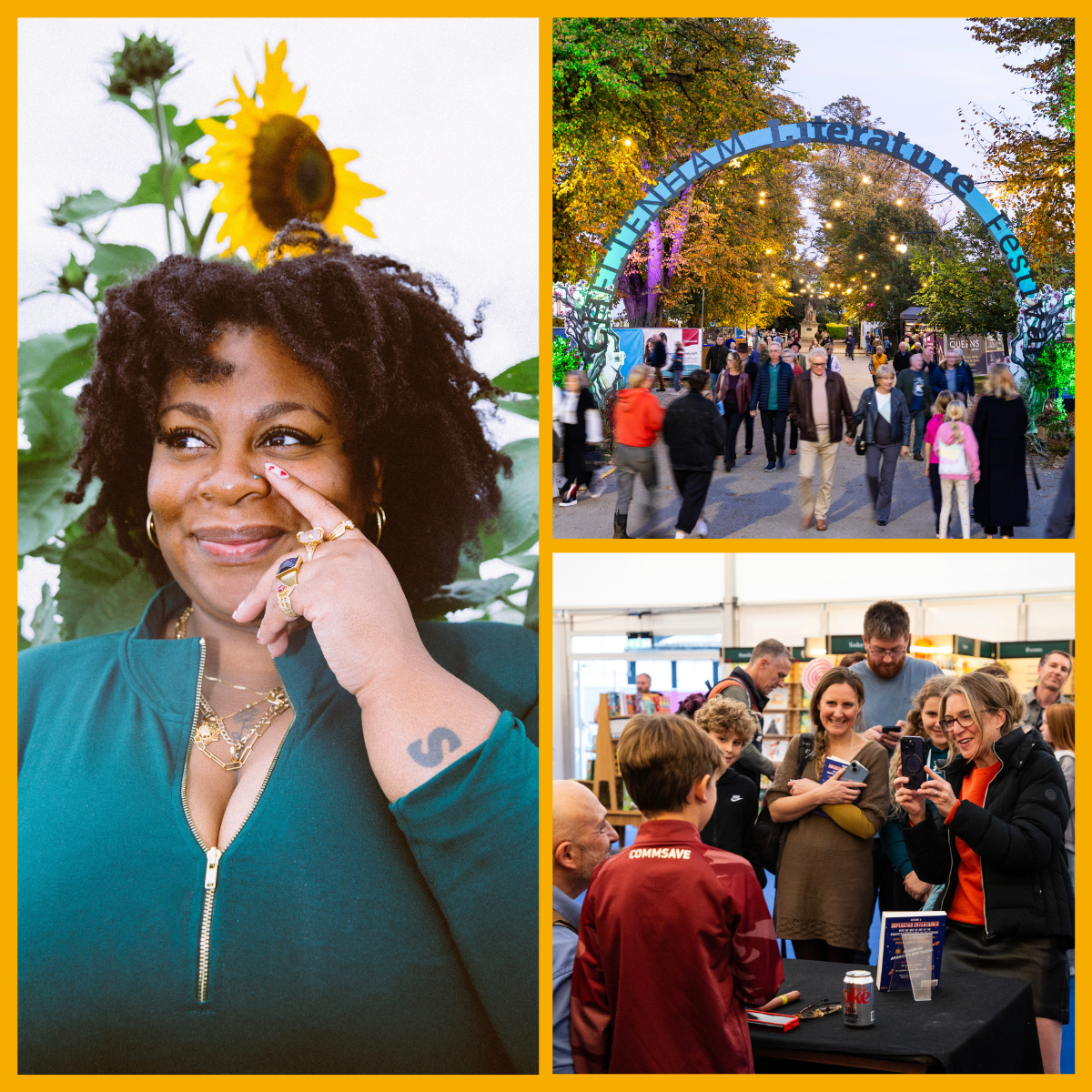 Collage (left) Candice Carty-Williams, and Cheltenham Literature Festival attendees