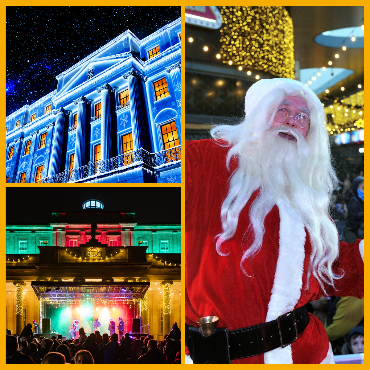 Collage of Christmas projection on the Municipal Offices in Cheltenham, Christmas light switch on at Pittville Pump Room and Santa at The Brewery Quarter Christmas launch.