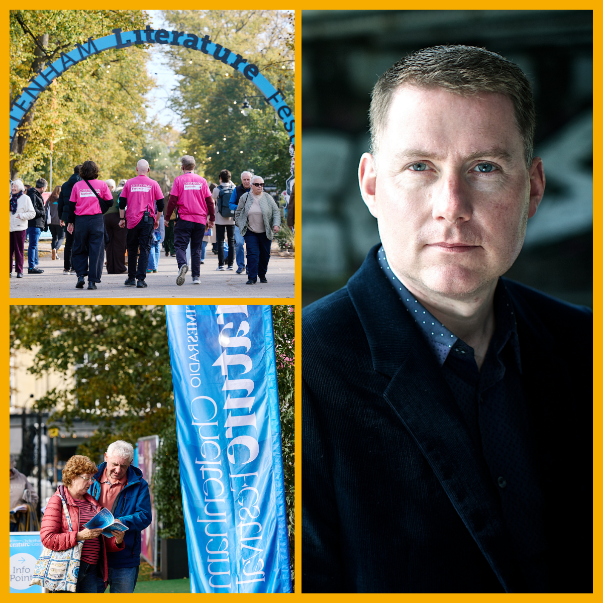 Collage (left) Cheltenham Literature Festival volunteers and attendees (right) MJ Arlidge