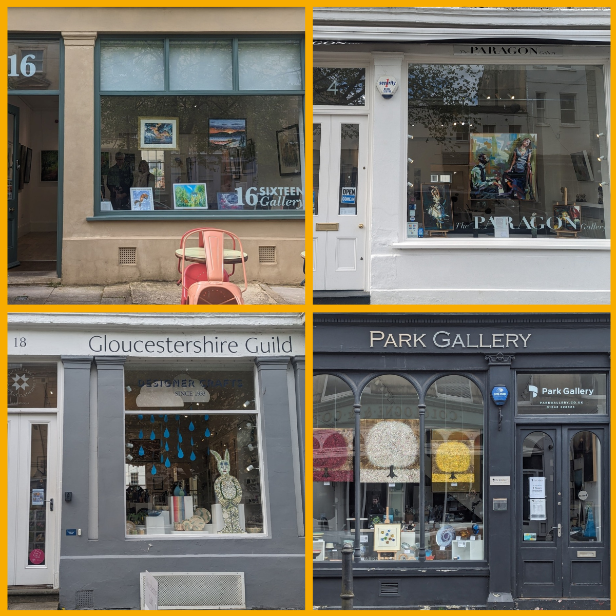 Collage of galleries in Montpellier in Cheltenham, including Sixteen Gallery, Paragon Gallery, Gloucestershire Guild of Craftsmen, Park Gallery.