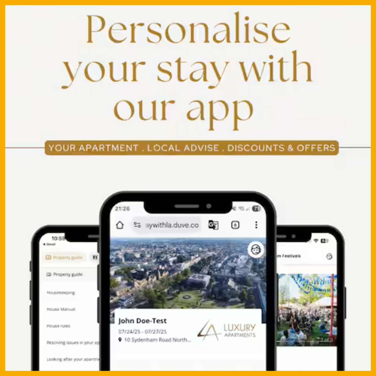Luxury Apartments mobile phone app, with image of three phones.